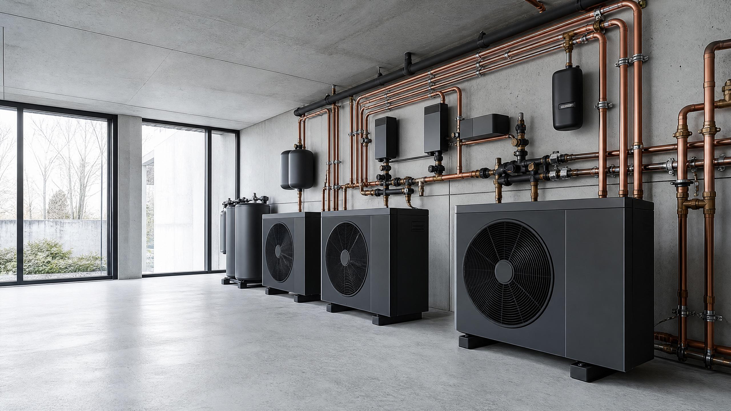 Centrale termica con pompe di calore moderne in luce diurna uniforme