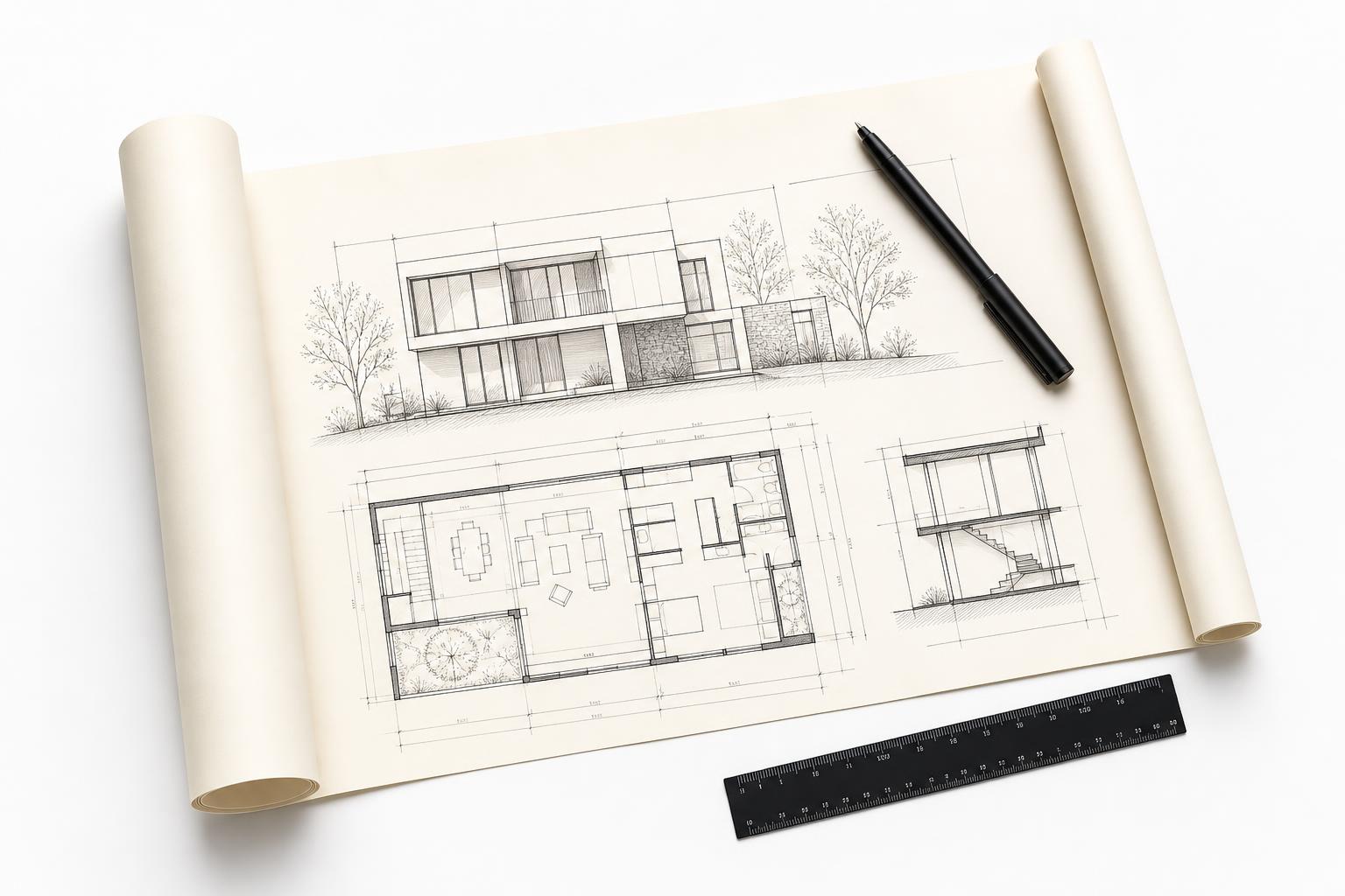 Tavolo con disegni tecnici architettonici e strumenti