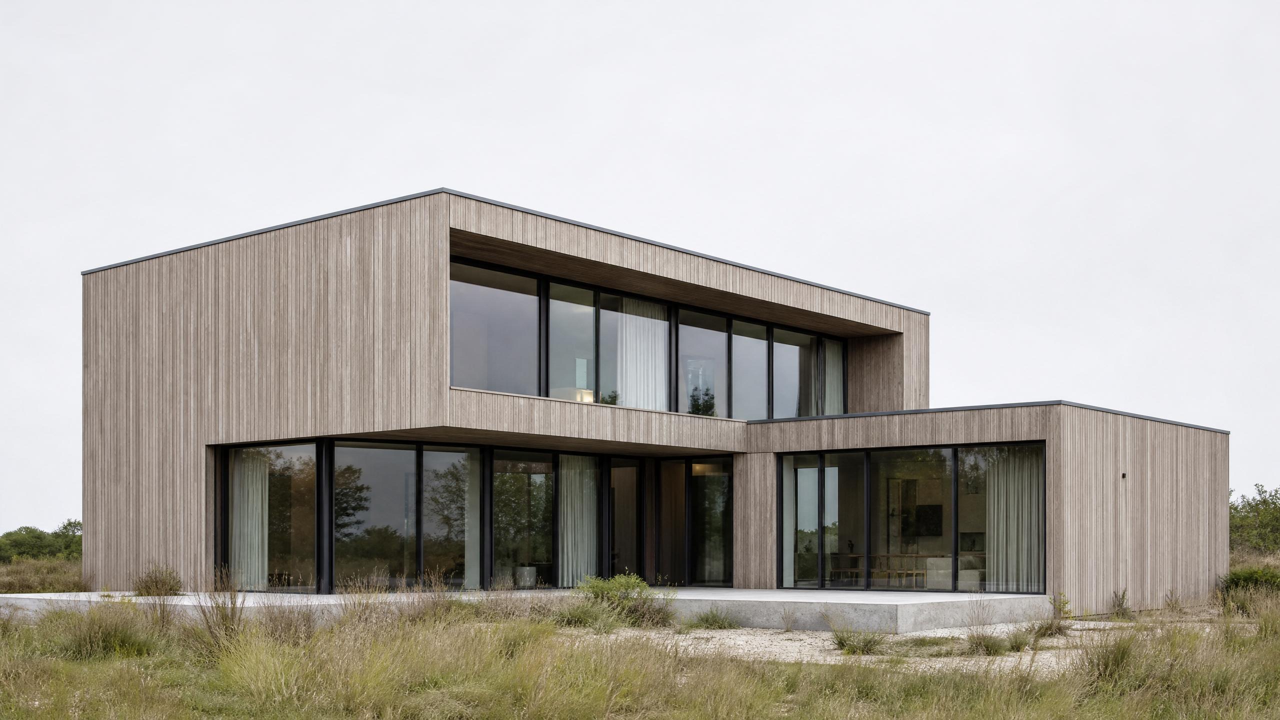 Casa Mendrisio — facciata principale in legno di larice in luce diurna uniforme