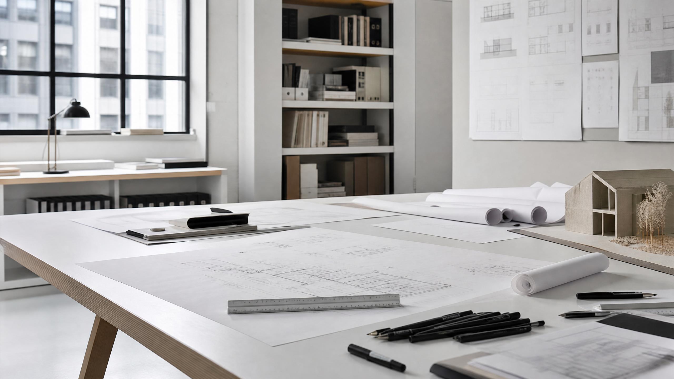 Studio di progettazione architettonica con disegni e modelli, in luce diurna uniforme